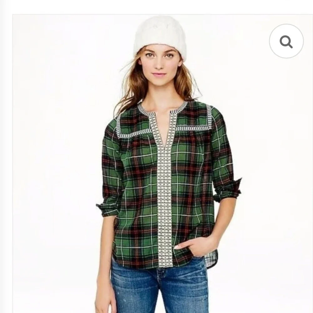 J.Crew Green‎ Plaid Madras Peasant Top Cotton Flowy Split Neck Sz 6 Cottagecore - Picture 2 of 7
